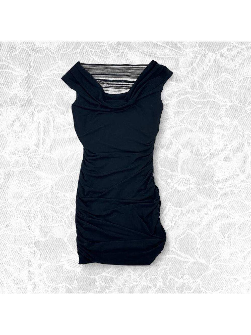 iZ Byer Black Ruched Bodycon Sleeveless Mini Dress with Draped Fringe - S